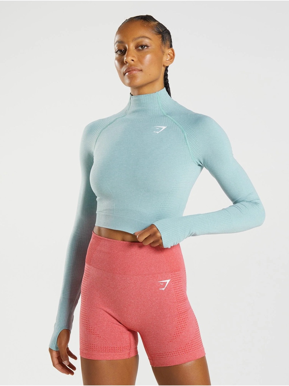 Gymshark Pearl Blue Seamless Long Sleeve Crop Top with Thumbholes